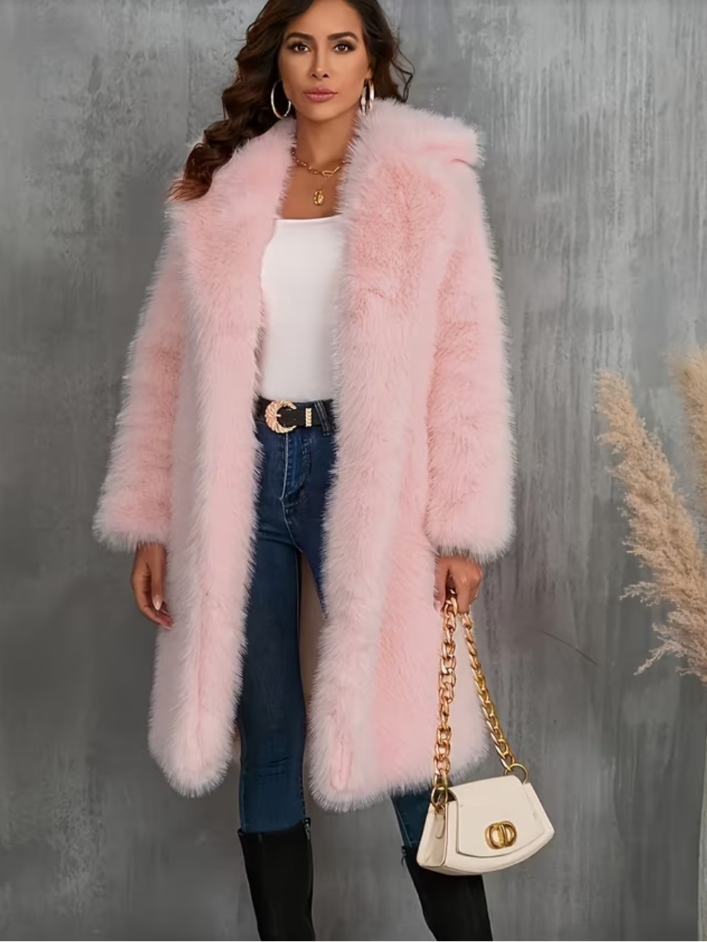 Women's Long Faux Fur Teddy Coat in Pink